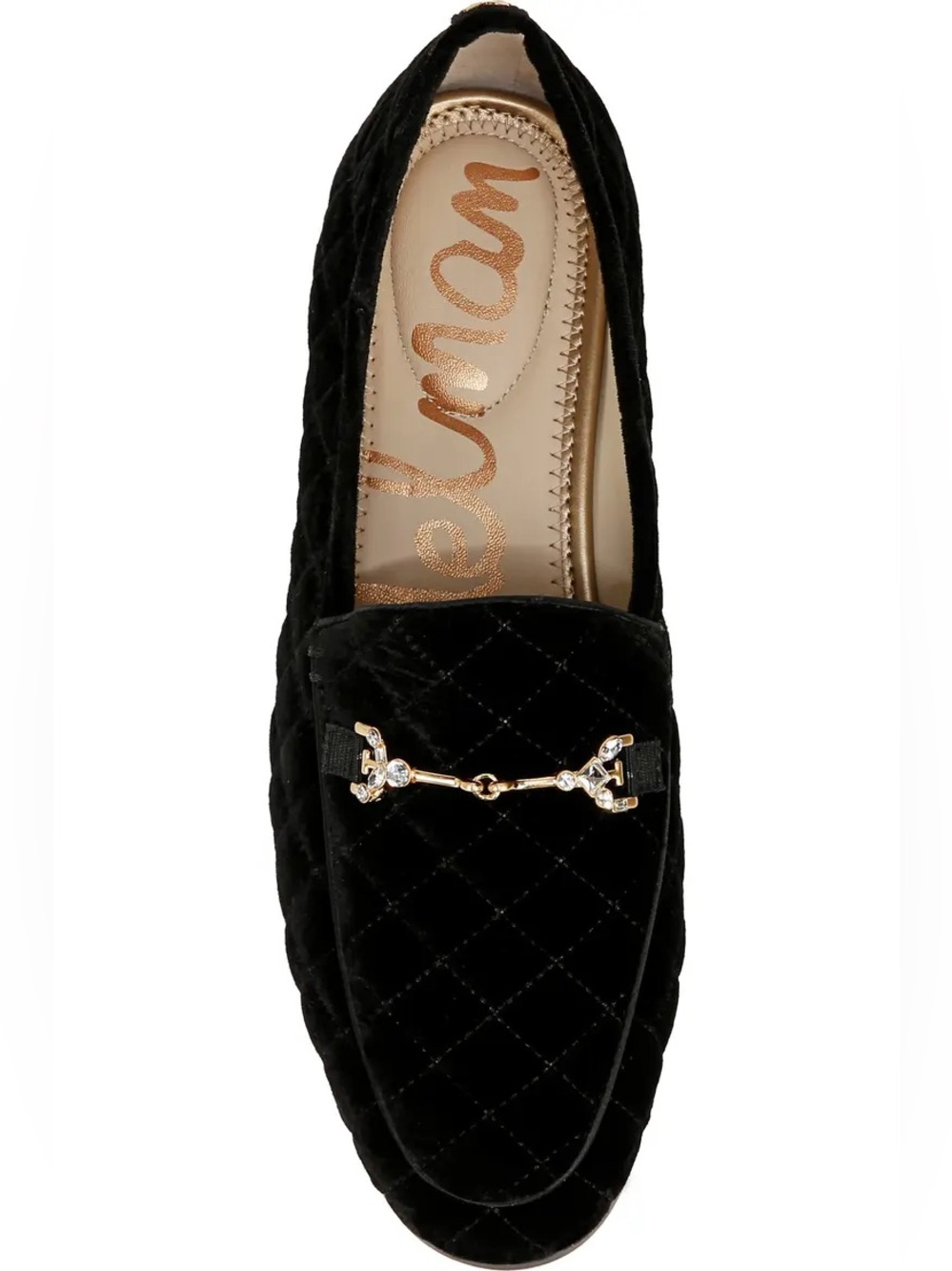 Sam Edelman Loraine Regal Bit Black Quilted Velvet Loafers with Gold Bit Accent
